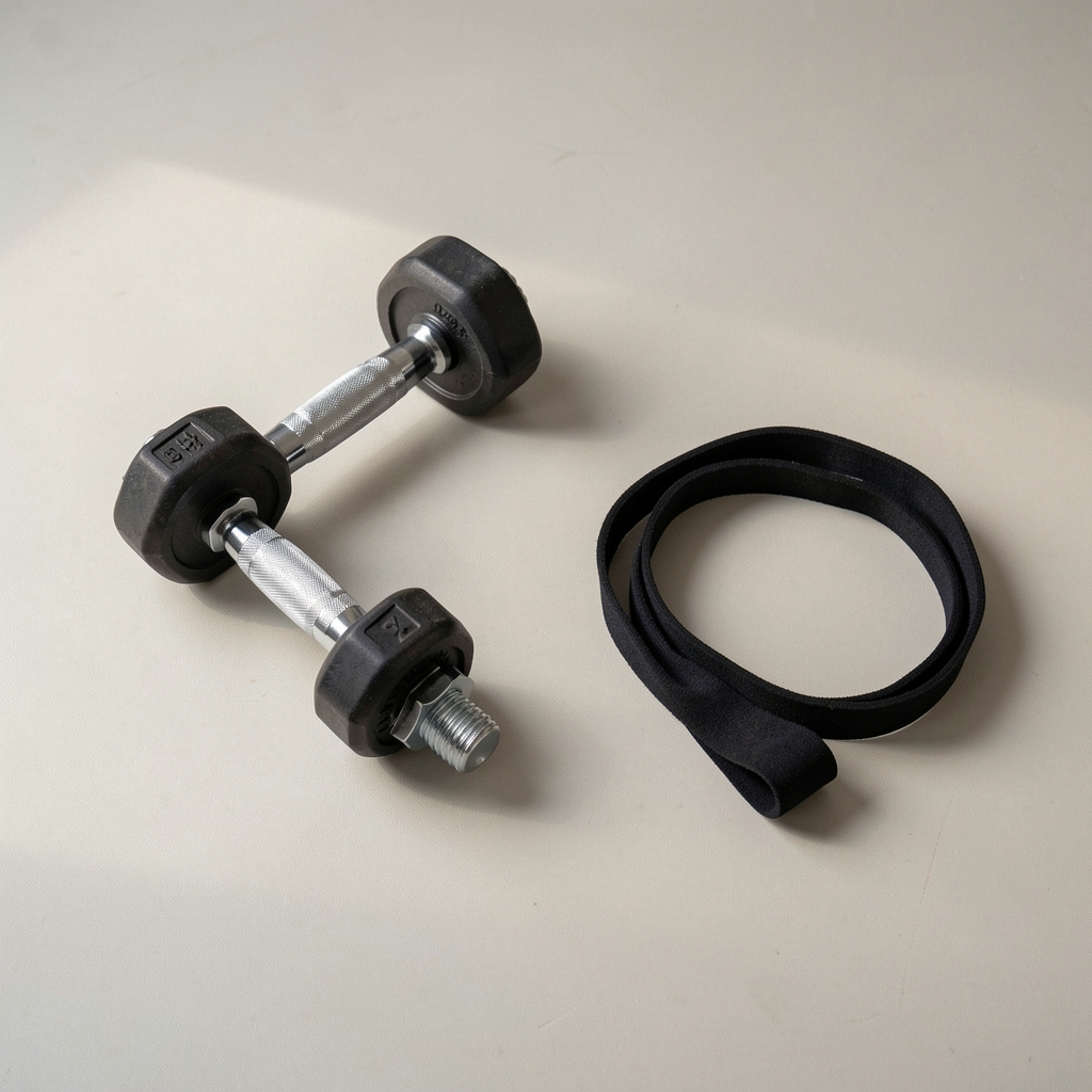 Weights and resistance band on a clean gym surface, editorial flat lay, neutral background with natural light, minimal athletic equipment composition