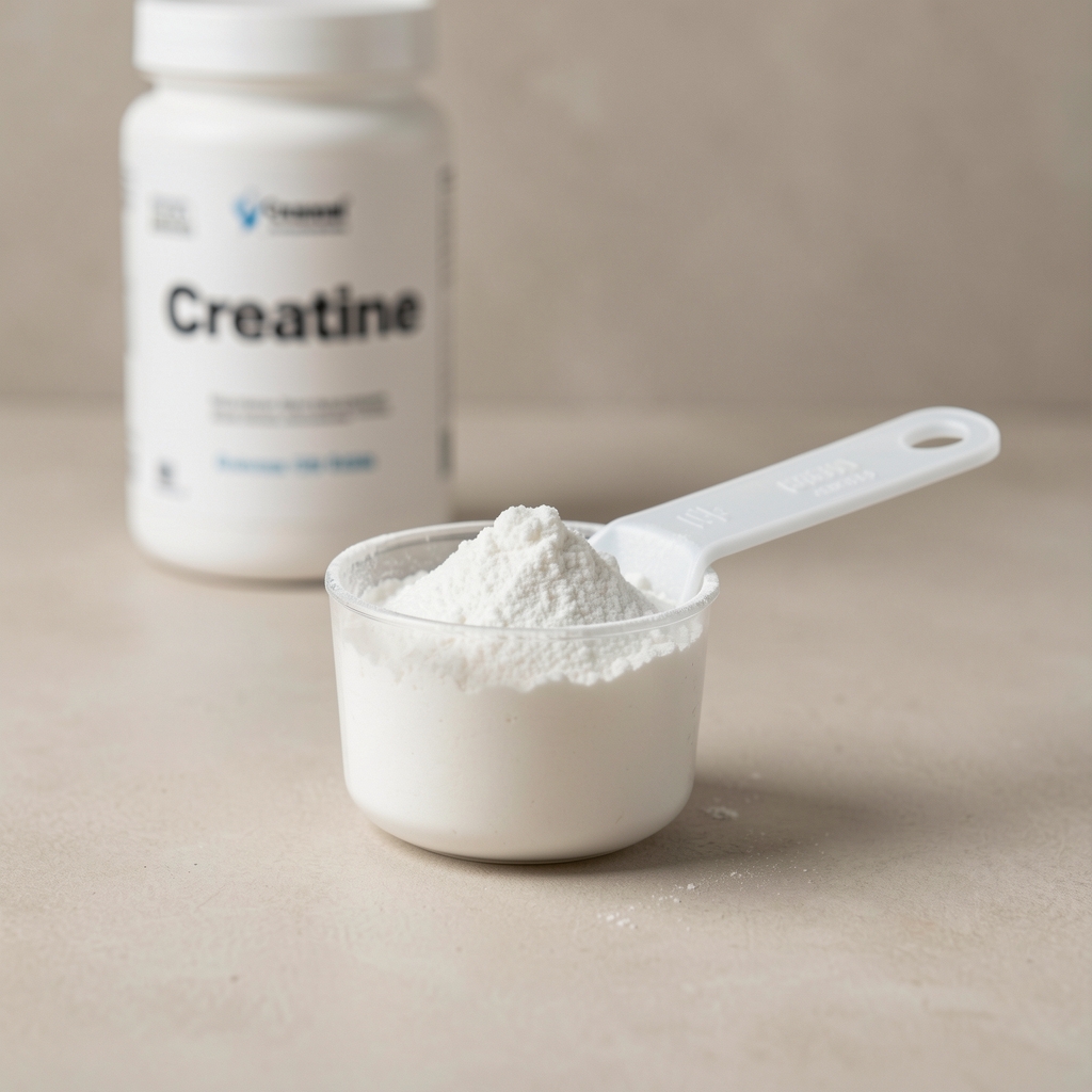 Creatine monohydrate powder in a clean measuring scoop on a neutral surface, supplement container in background, editorial minimal photography style