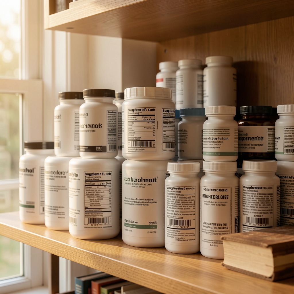 Supplement labels on a shelf in a home setting, editorial composition, multiple supplement containers in organised arrangement, warm natural light