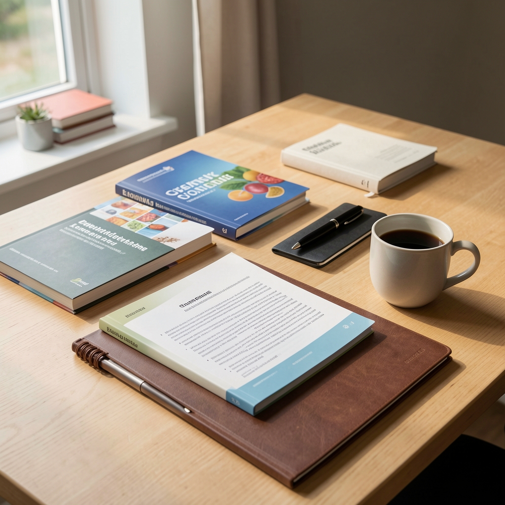 Editorial desk with published nutritional research journals, notebooks, and a cup of coffee in natural morning light